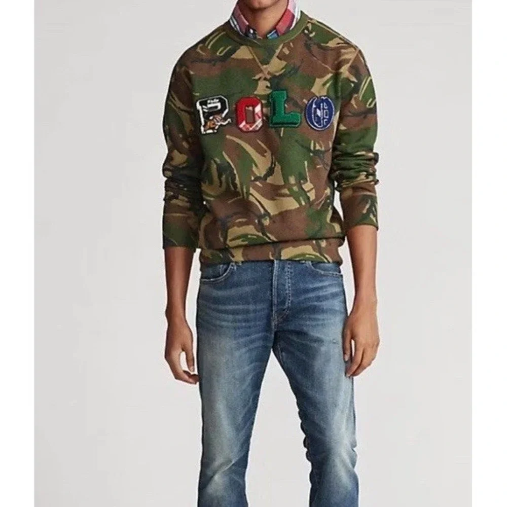 Mens Polo Ralph Lauren Big Logo Spell‎ Out Camo Fleece Sweatshirt Rare Med